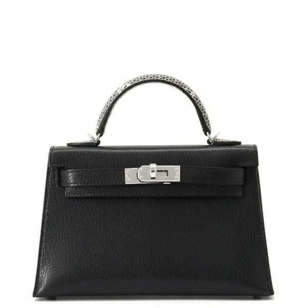 エルメス ミニケリー2 外縫い タッチ ブラック/オンブレ/シルバー金具 シェブルシャムキラ/リザードナチュラ K刻印 黒