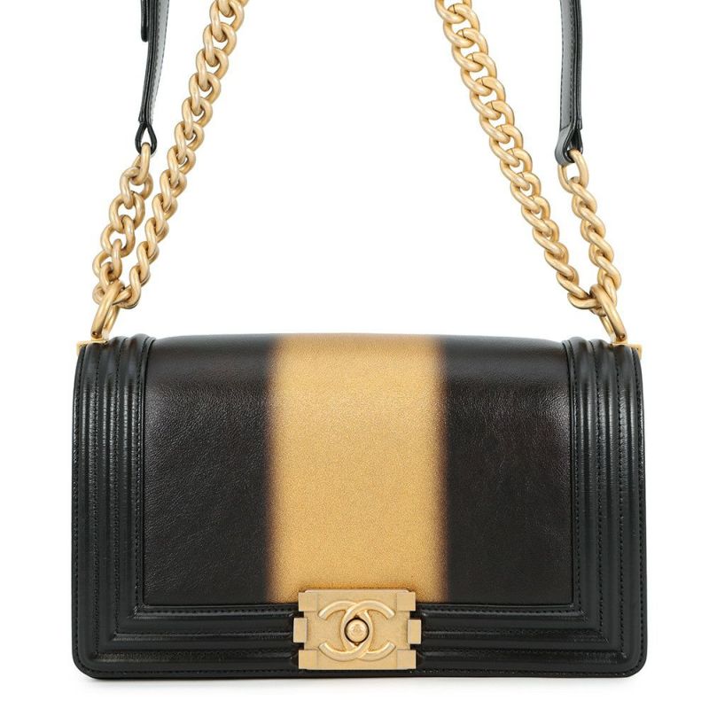 シャネル チェーンショルダーバッグ ボーイシャネル ストライプ レザー A67086 CHANEL バッグ 黒