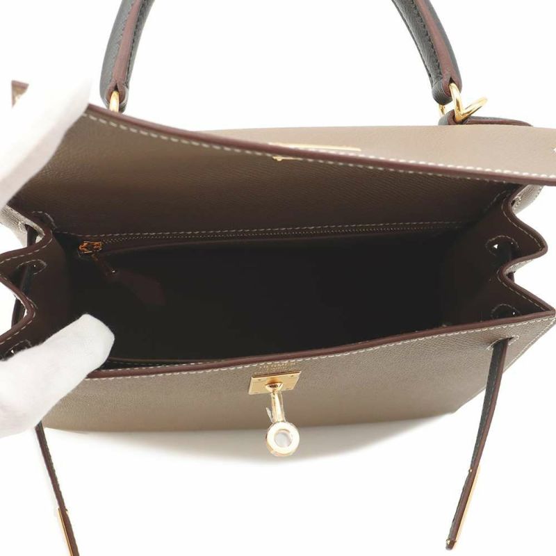 エルメス ケリー25 外縫い トリコロール エトゥープ/ブラック/アルドワーズ/ゴールド金具 エプソン W刻印 2wayショルダー