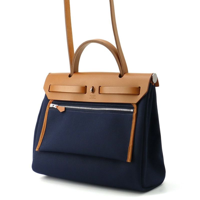 エルメス エールバッグジップPM ネイビー/ナチュラル/シルバー金具 トワルアッシュ/ヴァッシュハンター W刻印