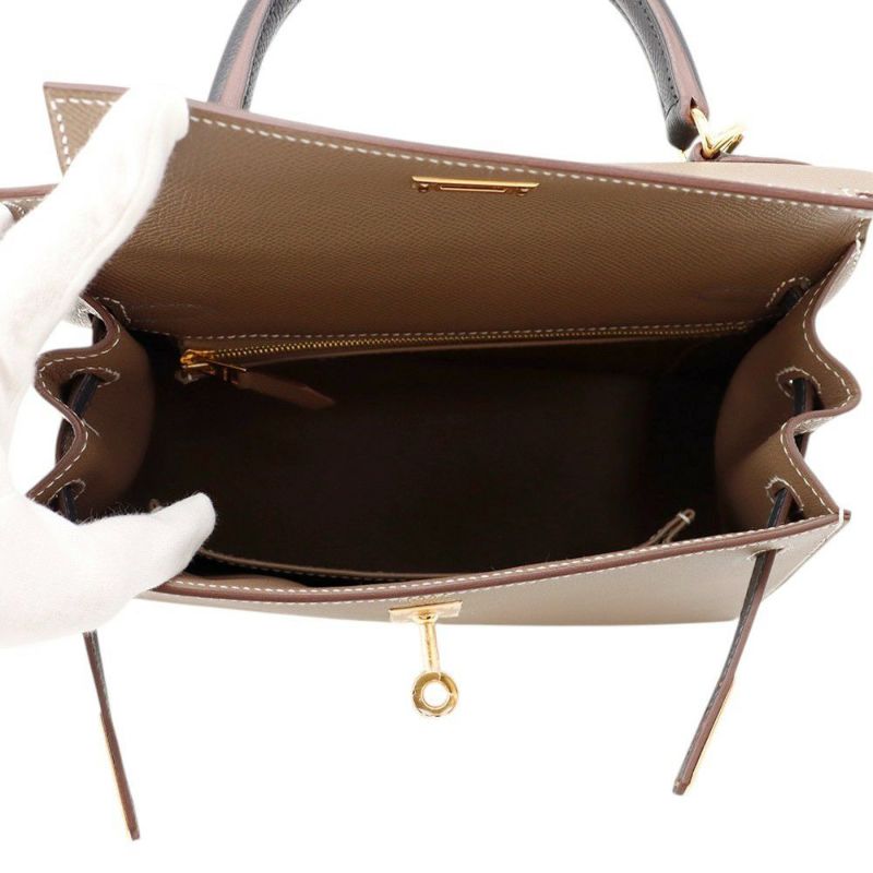 エルメス ケリー25 外縫い トリコロール エトゥープ/ブラック/アルドワーズ/ゴールド金具 エプソン W刻印 2wayショルダー