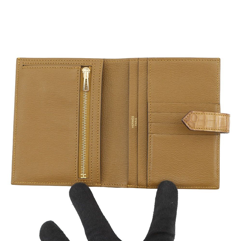 エルメス 二つ折り財布 ベアンコンパクト クラフト/ゴールド金具 アリゲーターマット B刻印 HERMES 財布