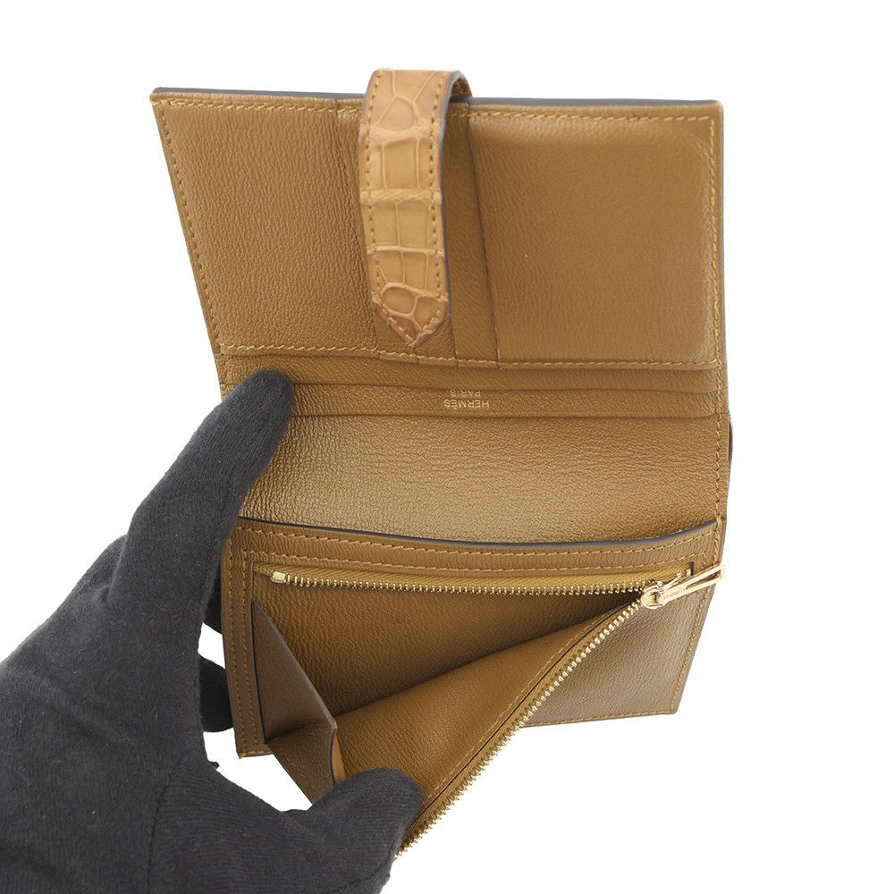 エルメス 二つ折り財布 ベアンコンパクト クラフト/ゴールド金具 アリゲーターマット B刻印 HERMES 財布