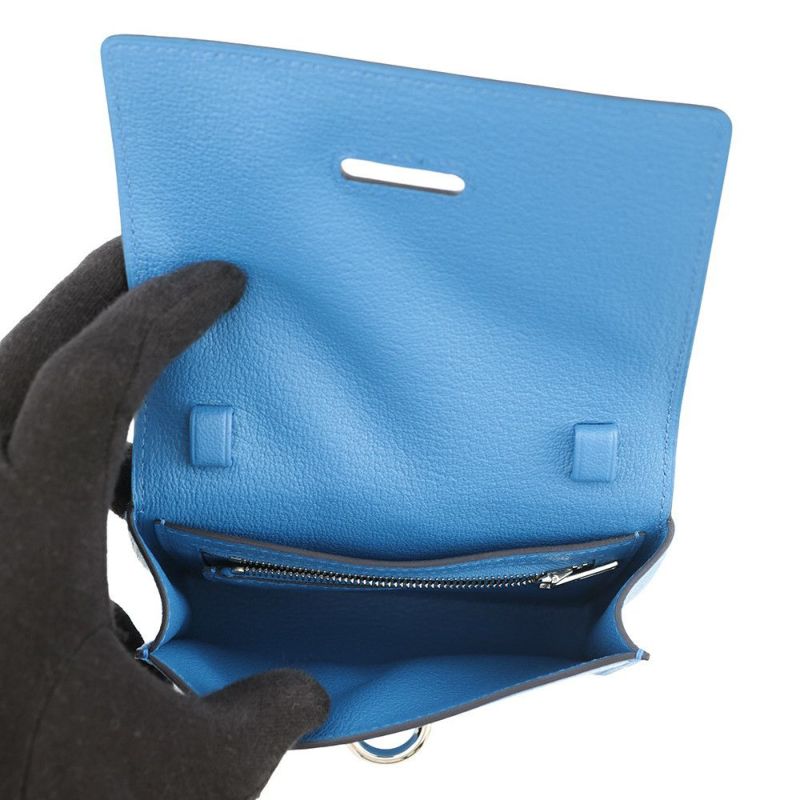 エルメス ショルダーウォレット シェーヌダンクル コンパクト ブルーセリージュ/シルバー金具 シェブルミゾル B刻印 財布