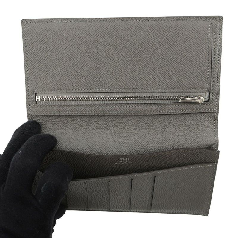 エルメス 二つ折り長財布 シチズンツイル ロング シルクイン グリメイヤー/シルバー金具 エプソン U刻印 メンズ 財布