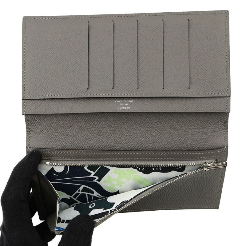 エルメス 二つ折り長財布 シチズンツイル ロング シルクイン グリメイヤー/シルバー金具 エプソン U刻印 メンズ 財布