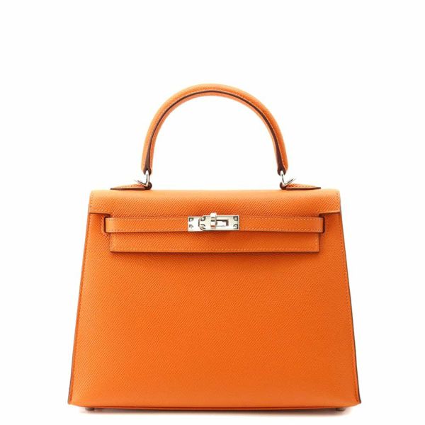 エルメス ハンドバッグ ケリー25 外縫い オレンジ/シルバー金具 エプソン W刻印 HERMES 2wayショルダー