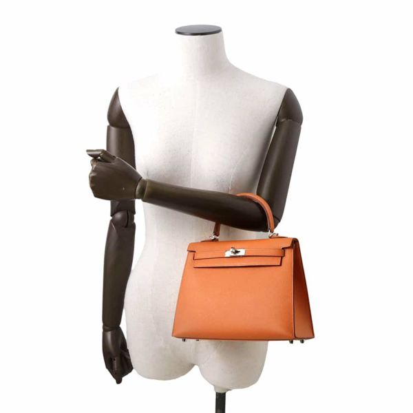 エルメス ハンドバッグ ケリー25 外縫い オレンジ/シルバー金具 エプソン W刻印 HERMES 2wayショルダー