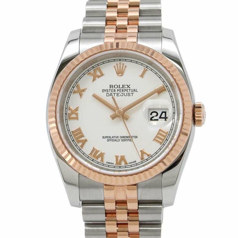 ロレックス デイトジャスト SS/K18PG ランダムシリアル ルーレット 116231 ROLEX 腕時計 白文字盤 ローマン