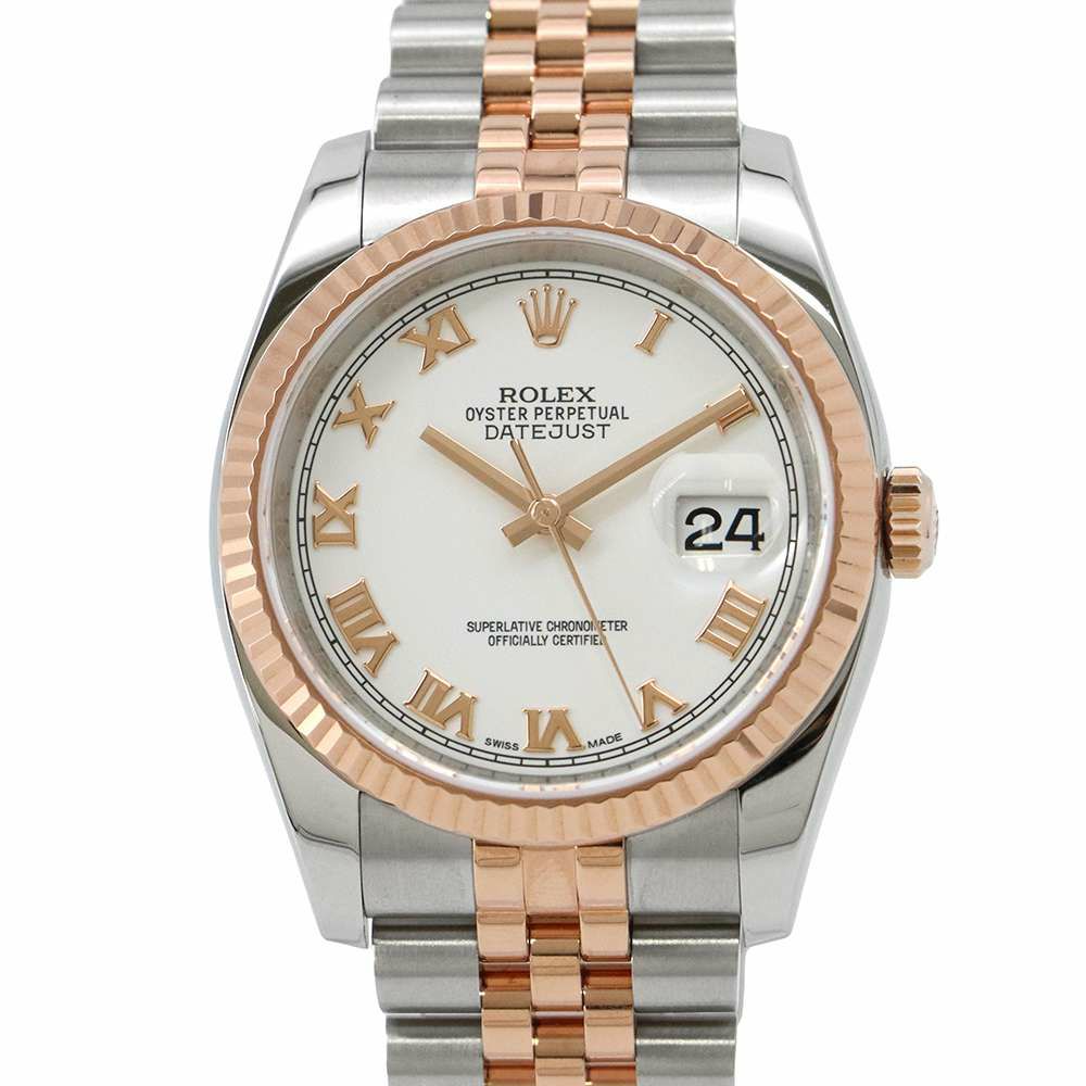 ロレックス デイトジャスト SS/K18PG ランダムシリアル ルーレット 116231 ROLEX 腕時計 白文字盤 ローマン