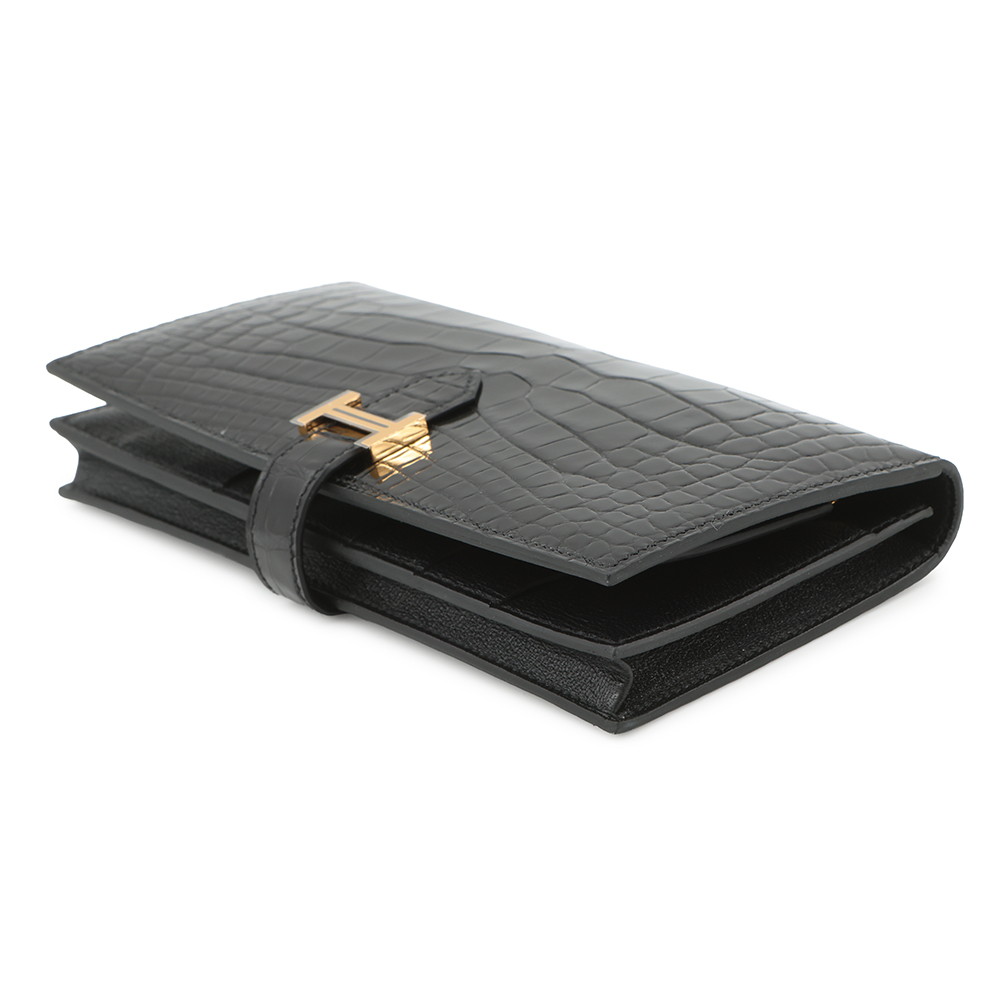 エルメス 長財布 ベアンスフレ ブラック/ゴールド金具 アリゲーターシャイン K刻印 財布 黒