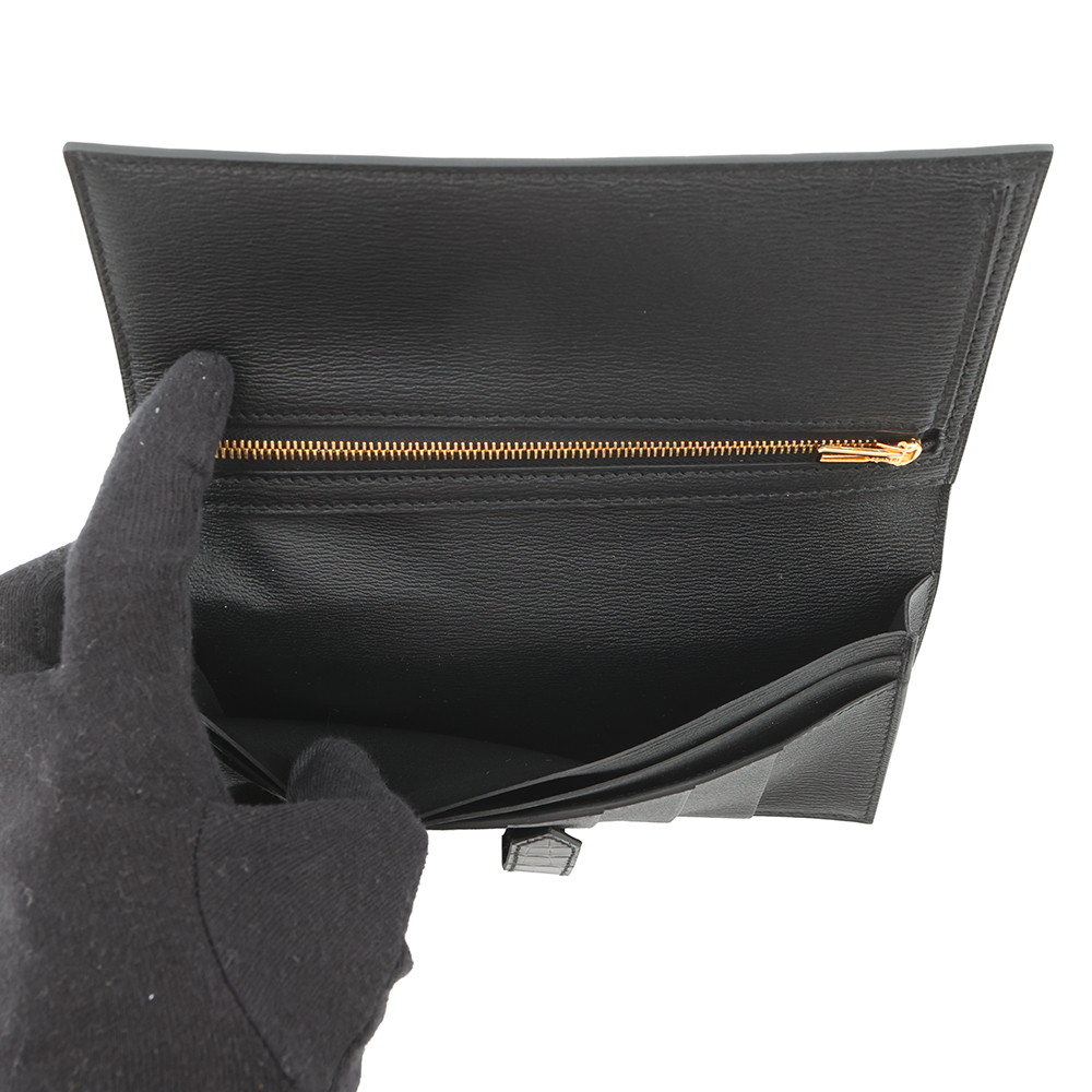 エルメス 長財布 ベアンスフレ ブラック/ゴールド金具 アリゲーターシャイン K刻印 財布 黒