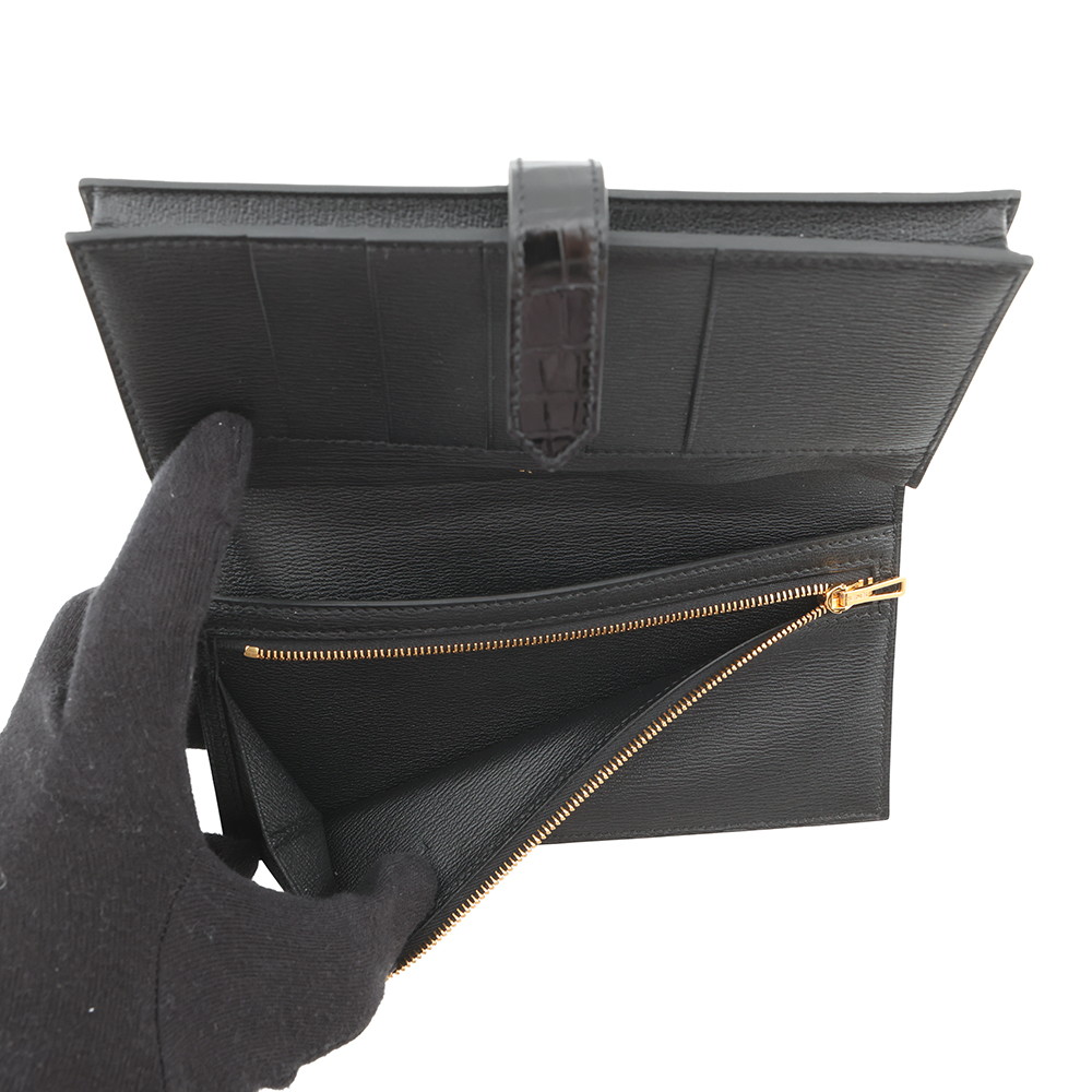 エルメス 長財布 ベアンスフレ ブラック/ゴールド金具 アリゲーターシャイン K刻印 財布 黒