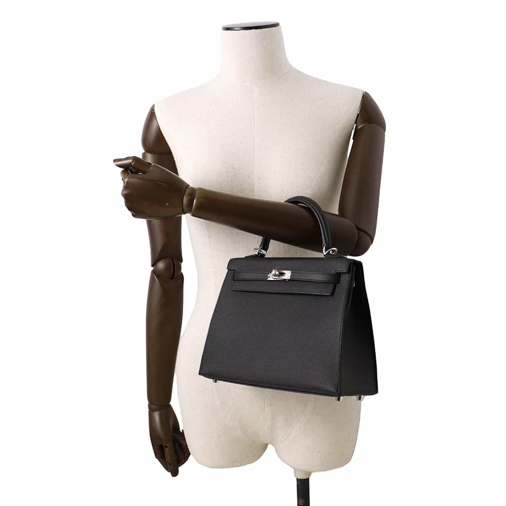 エルメス ハンドバッグ ケリー25 外縫い ブラック/シルバー金具 エプソン W刻印 2wayショルダー 黒