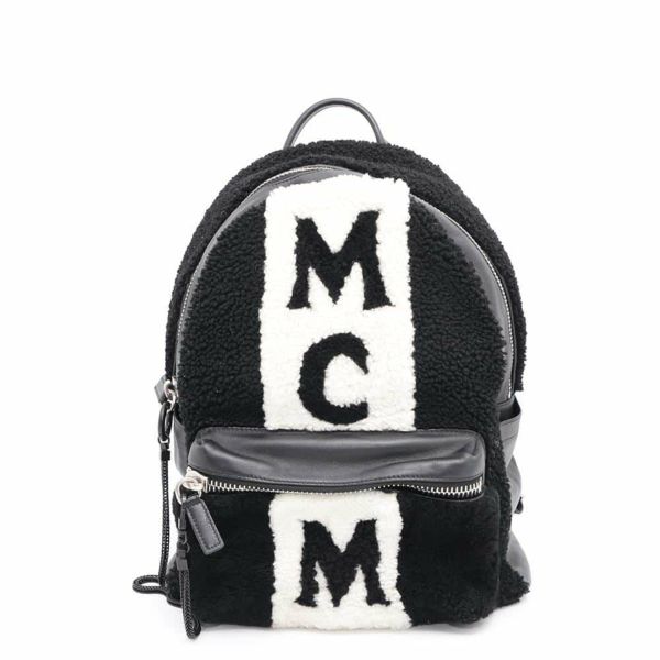 エムシーエム リュックサック ロゴ ムートン レザー MCM バックパック 白 黒