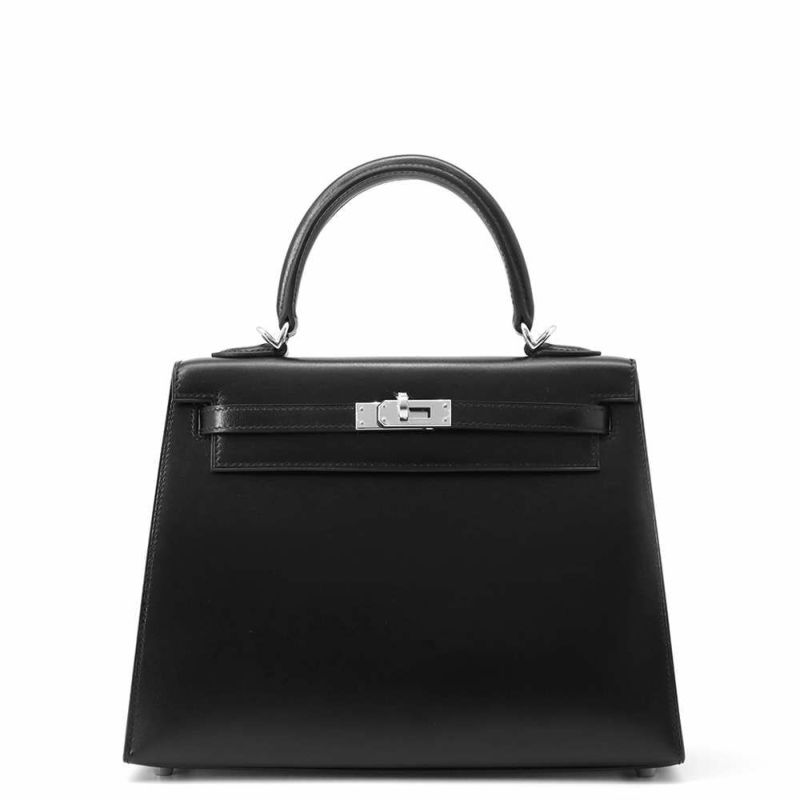 エルメス ハンドバッグ ケリー25 外縫い ブラック/シルバー金具 ボックスカーフ W刻印 2wayショルダー 黒