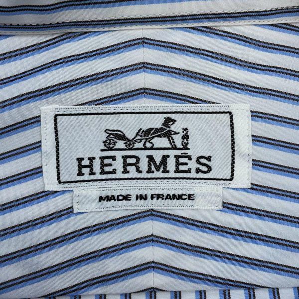 エルメス Yシャツ 長袖 ボーダー セリエボタン コットン メンズサイズ42 HERMES 服 アパレル 白