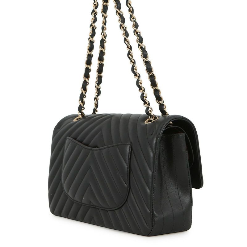 シャネル チェーンショルダーバッグ シェブロン Vステッチ ココマーク ラムスキン A01112 CHANEL ダブルチェーン 黒