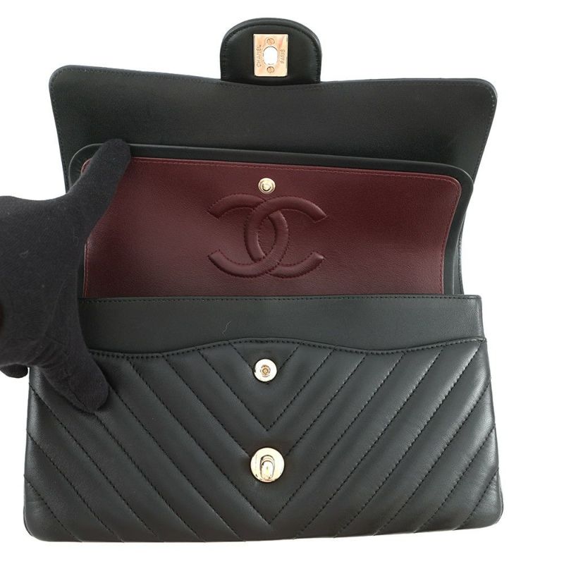 シャネル チェーンショルダーバッグ シェブロン Vステッチ ココマーク ラムスキン A01112 CHANEL ダブルチェーン 黒