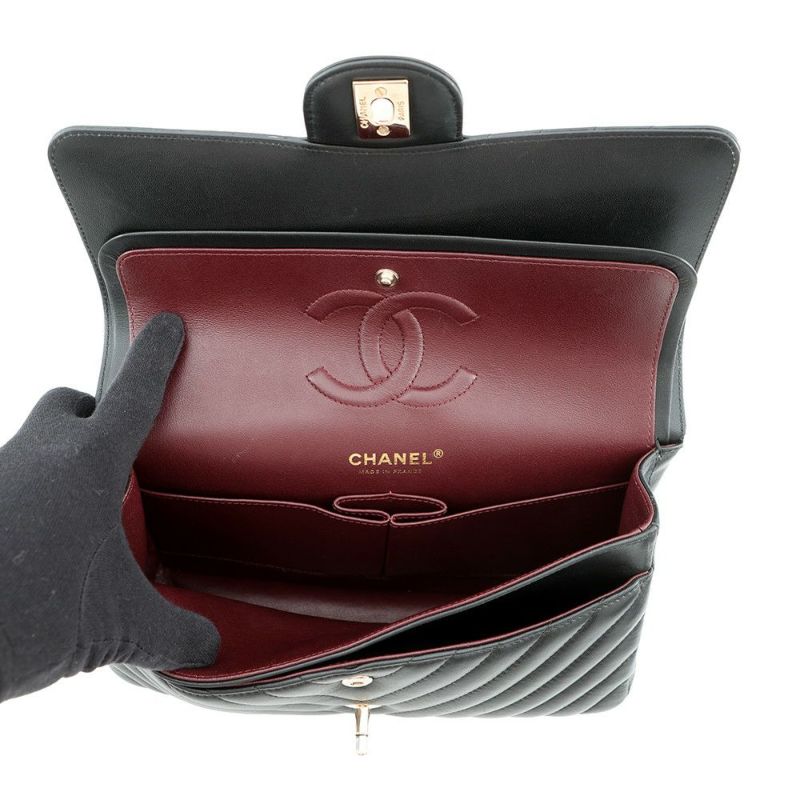 シャネル チェーンショルダーバッグ シェブロン Vステッチ ココマーク ラムスキン A01112 CHANEL ダブルチェーン 黒