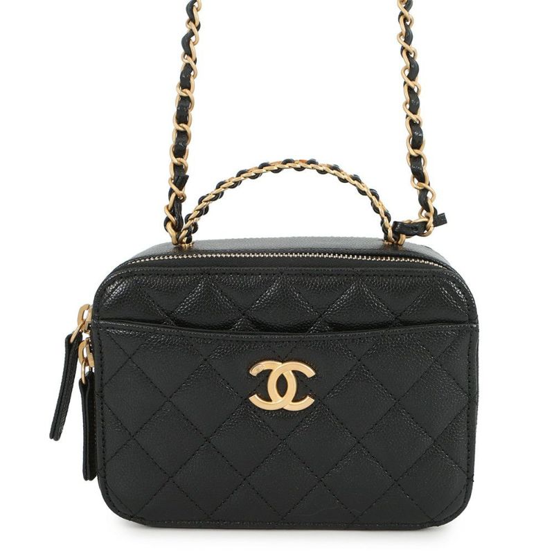 シャネル チェーンショルダーバッグ ココマーク マトラッセ バニティ トップハンドル キャビアスキン AS3221 CHANEL 黒