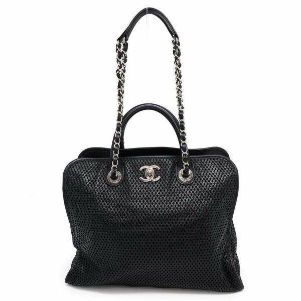 シャネル トートバッグ ココマーク フレンチヴィエラ パンチング CHANEL 2wayショルダー ハンドバッグ 黒