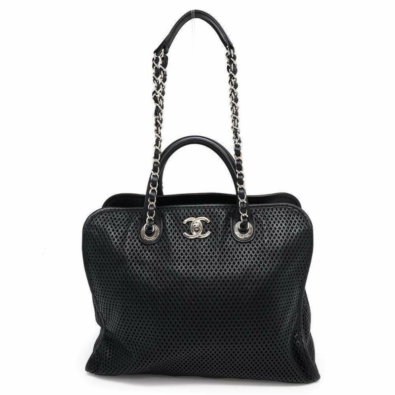シャネル トートバッグ ココマーク フレンチヴィエラ パンチング CHANEL 2wayショルダー ハンドバッグ 黒