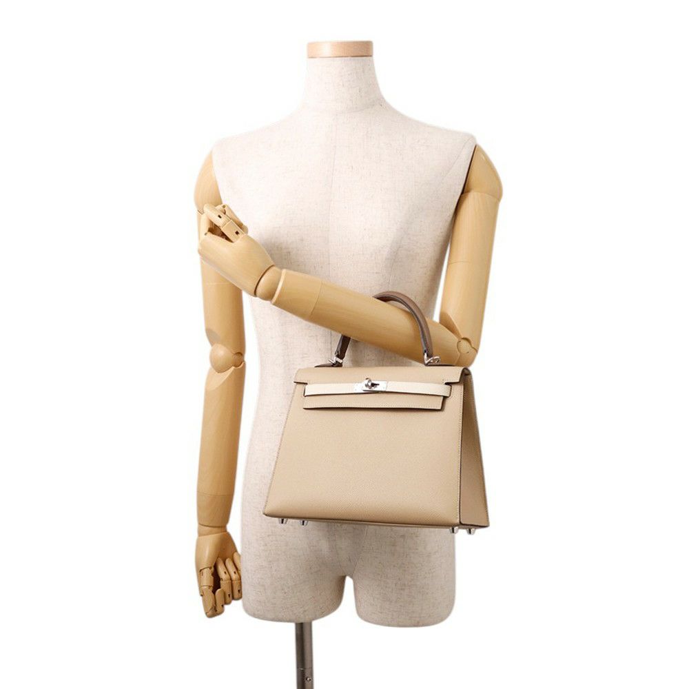 エルメス ケリー25 外縫い トリコロール トレンチ/クレ/エトゥープ/シルバー金具 エプソン K刻印 ２wayショルダー