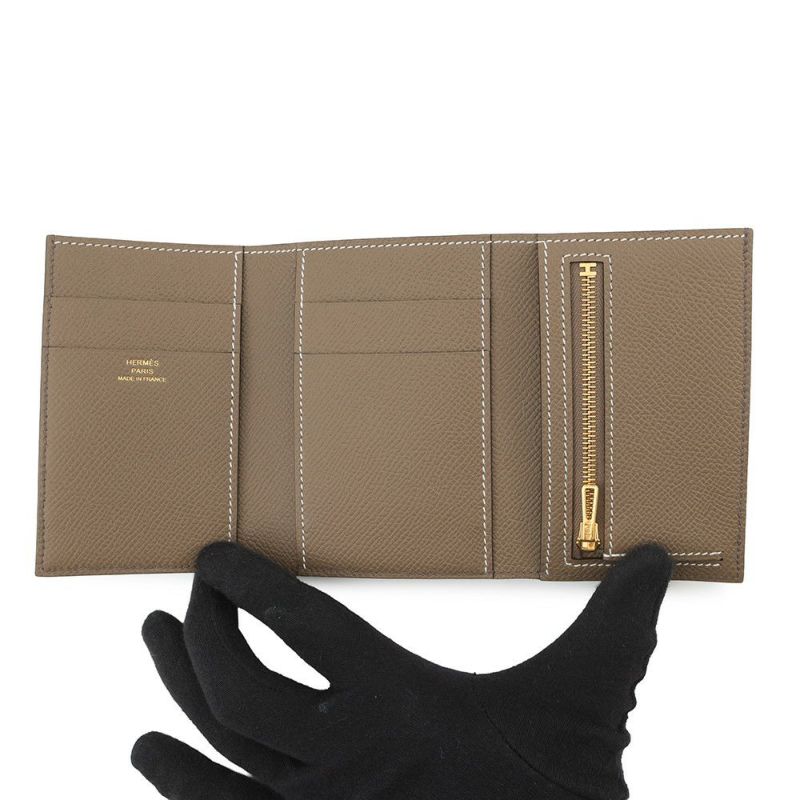 エルメス 三つ折り財布 ベアンコンビネ ヴェルソ エタン/エトゥープ/ゴールド金具 エプソン K刻印 財布