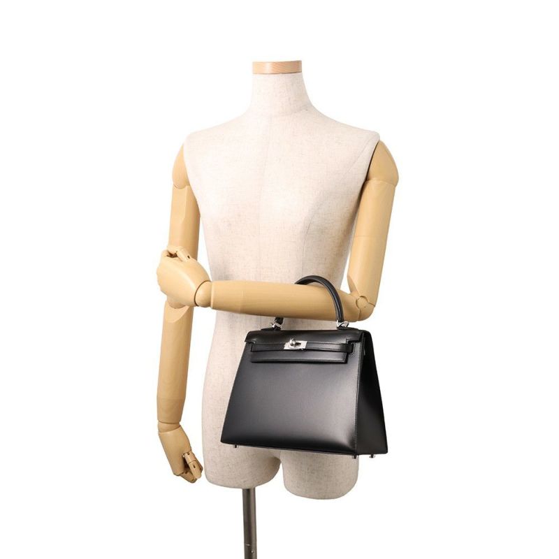 エルメス ハンドバッグ ケリー25 外縫い ブラック/シルバー金具 ボックスカーフ K刻印 ２wayショルダー 黒