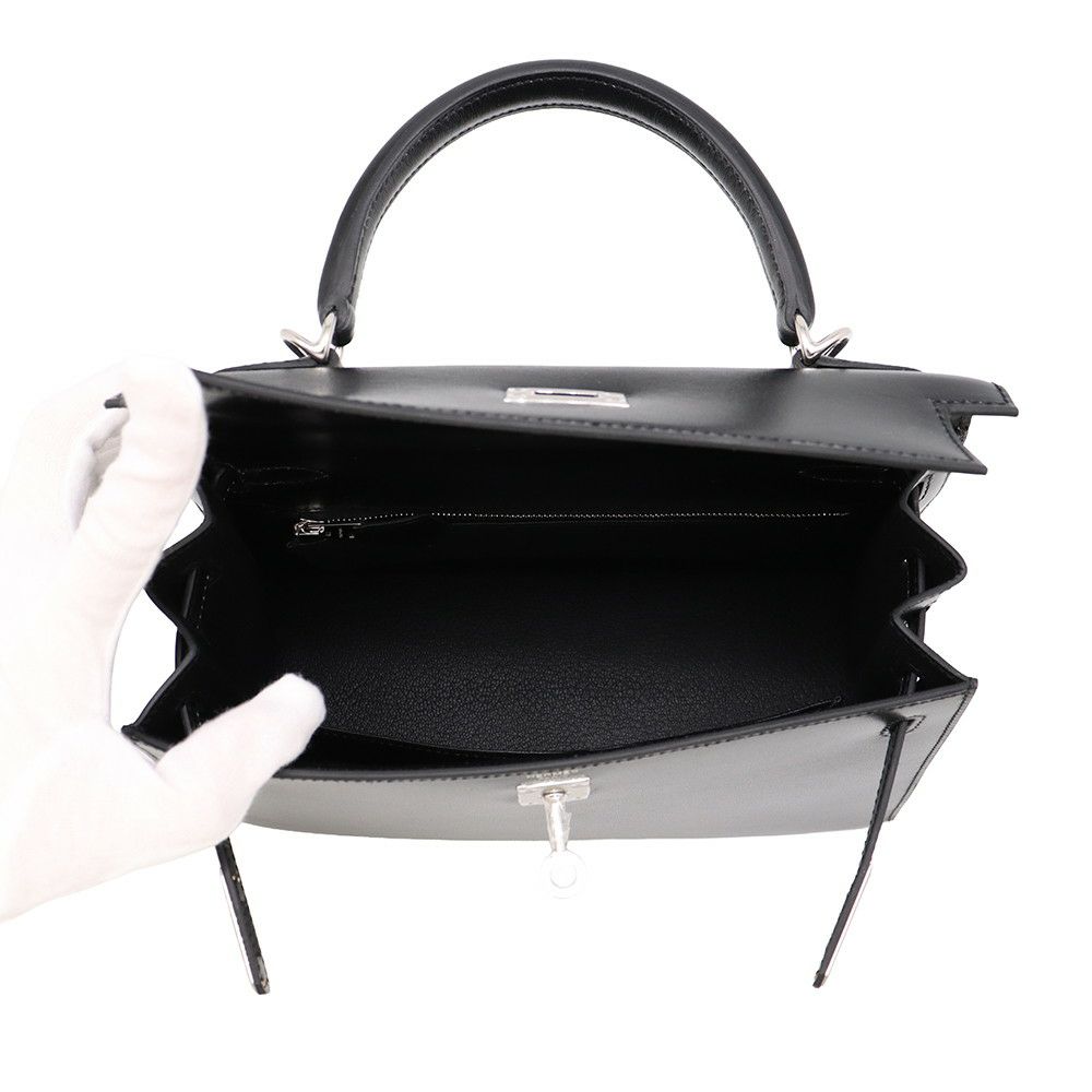 エルメス ハンドバッグ ケリー25 外縫い ブラック/シルバー金具 ボックスカーフ K刻印 ２wayショルダー 黒