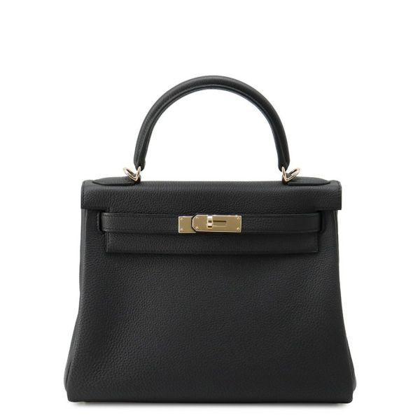 エルメス ハンドバッグ ケリー28 内縫い ブラック/シャンパンゴールド金具 トゴ K刻印 ２wayショルダー 黒
