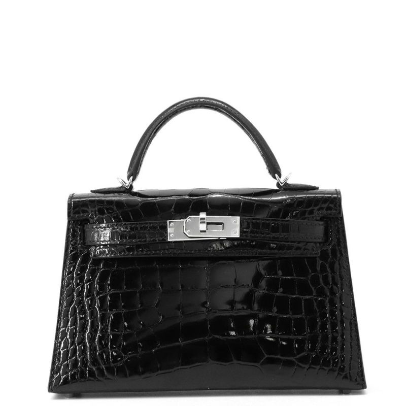 エルメス ミニケリー2 外縫い ブラック/シルバー金具 アリゲーターシャイン K刻印 HERMES ２wayショルダー 黒