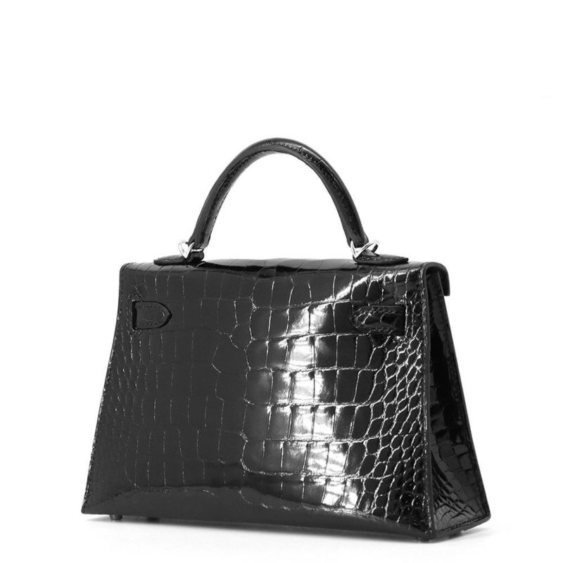 エルメス ミニケリー2 外縫い ブラック/シルバー金具 アリゲーターシャイン K刻印 HERMES ２wayショルダー 黒