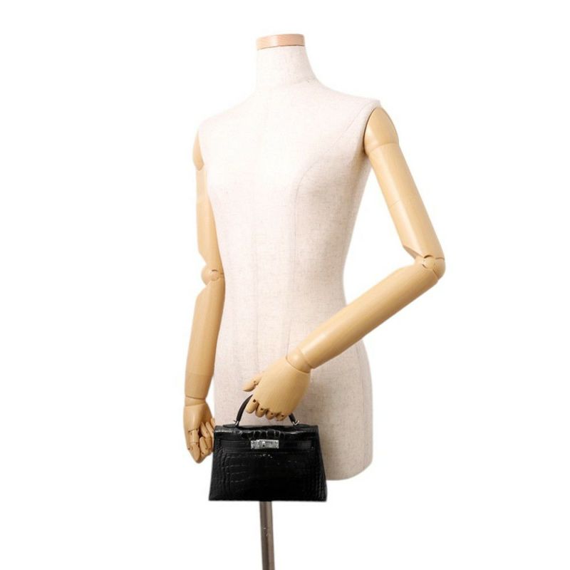 エルメス ミニケリー2 外縫い ブラック/シルバー金具 アリゲーターシャイン K刻印 HERMES ２wayショルダー 黒