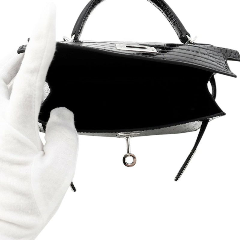エルメス ミニケリー2 外縫い ブラック/シルバー金具 アリゲーターシャイン K刻印 HERMES ２wayショルダー 黒