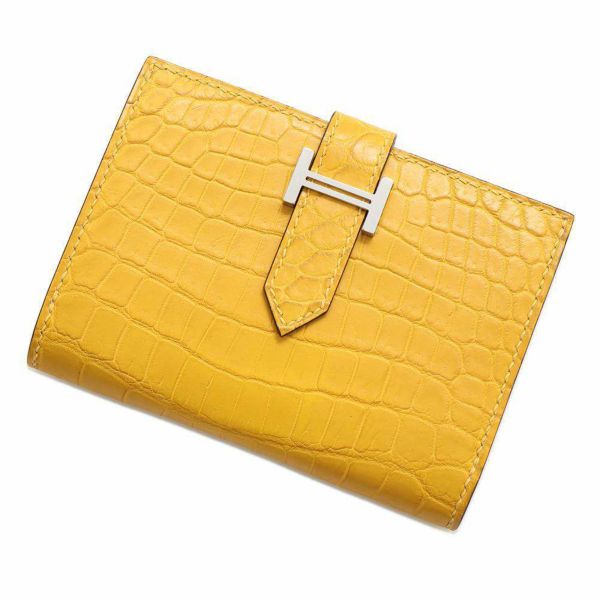 エルメス カードケース ベアン ミニ ジョーヌアンブル/シルバー金具 アリゲーターマット Z刻印 小銭入れ 財布