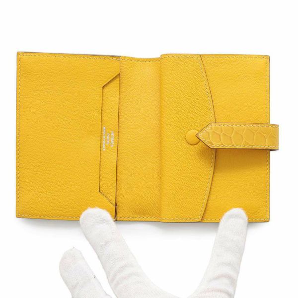 エルメス カードケース ベアン ミニ ジョーヌアンブル/シルバー金具 アリゲーターマット Z刻印 小銭入れ 財布