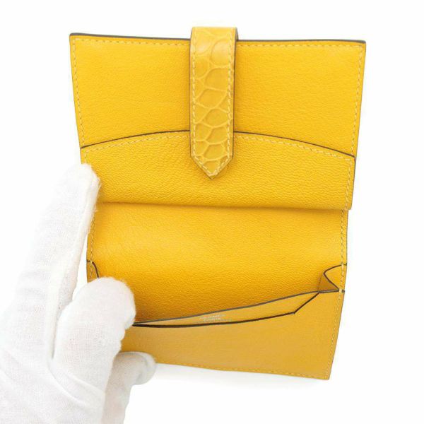 エルメス カードケース ベアン ミニ ジョーヌアンブル/シルバー金具 アリゲーターマット Z刻印 小銭入れ 財布
