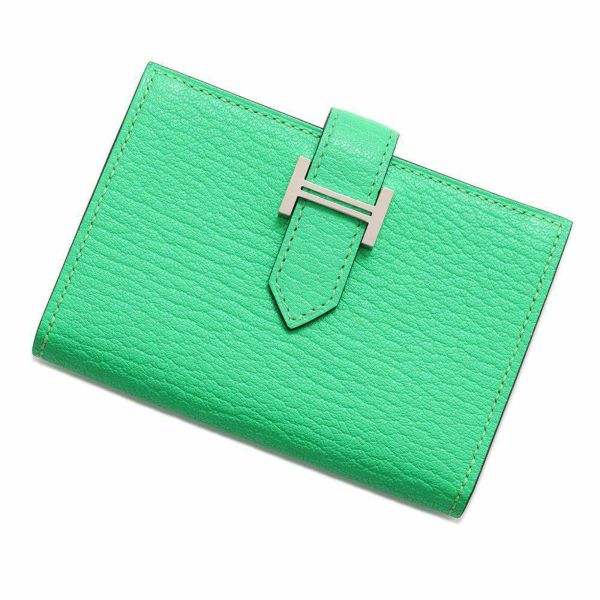 エルメス カードケース ベアン ミニ ヴェールコミック/シルバー金具 シェブルミゾル B刻印 名刺入れ シェーブル