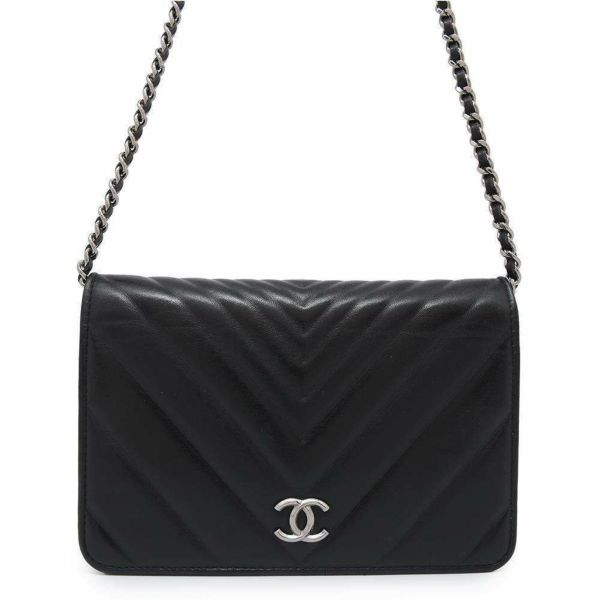 シャネル チェーンウォレット シェブロン Vステッチ ココマーク カーフスキン A70230 CHANEL 財布 黒