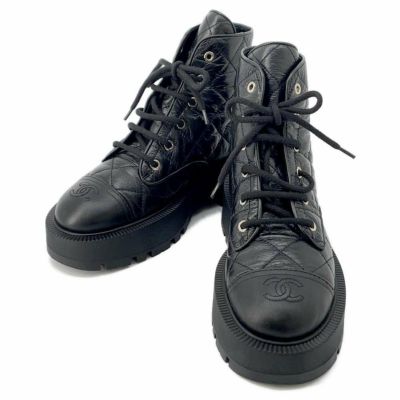 シャネル ショートブーツ マトラッセ ココマーク コンバットブーツ ラムスキン レディースサイズ38C G45833 CHANEL 靴 黒 安心保証