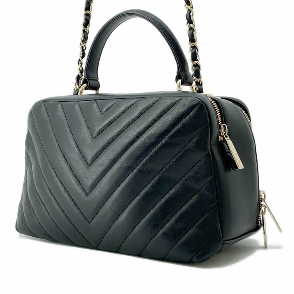 シャネル ハンドバッグ シェブロン ココマーク ボーリングバッグ ラムスキン CHANEL 2way 黒