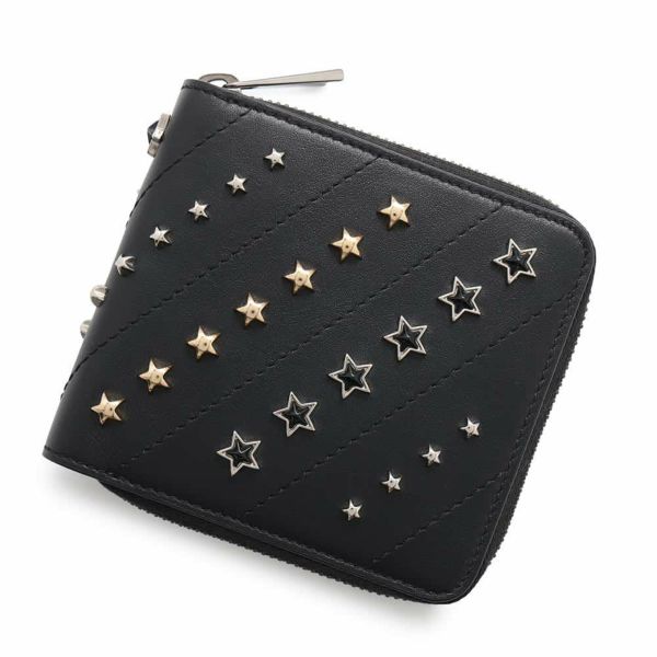 ジミーチュウ 二つ折り財布 ローレンス ダイアゴナル スタッズ ラウンドファスナー レザー JIMMY CHOO 財布 黒