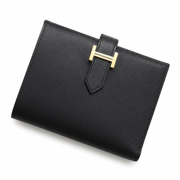 エルメス 二つ折り財布 ベアンコンパクト ブラック/ゴールド金具 ヴォーマダム W刻印 黒