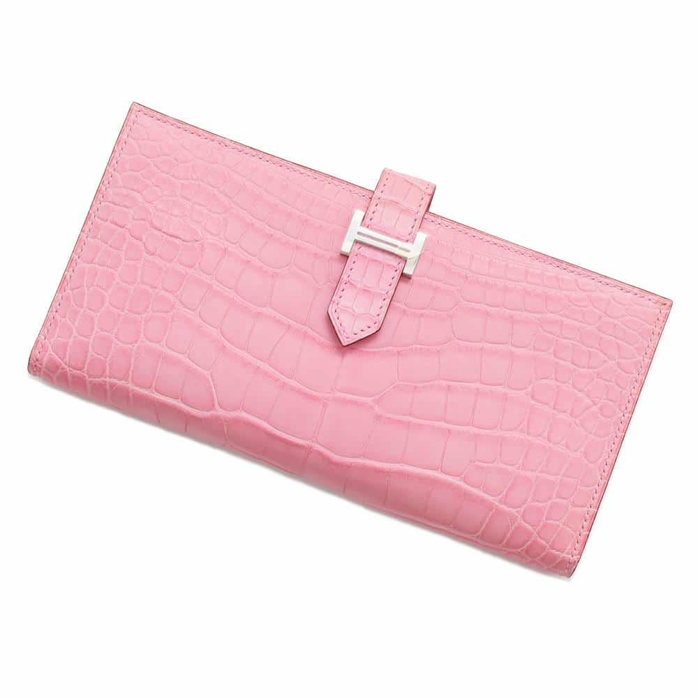 エルメス 長財布 ベアンスフレ ローズバブルガム/シルバー金具 アリゲーターマット D刻印