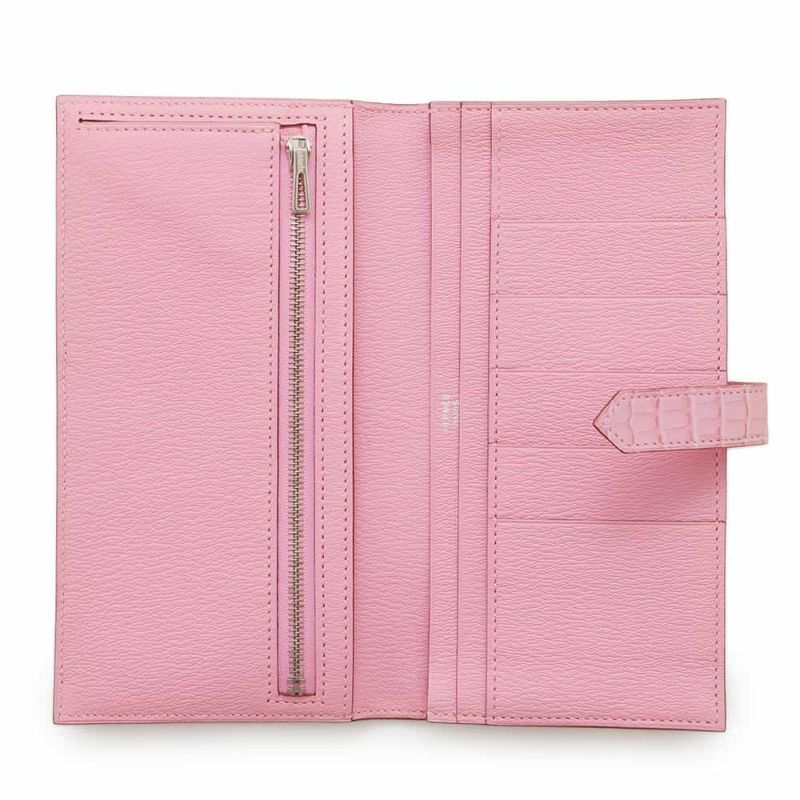 エルメス 長財布 ベアンスフレ ローズバブルガム/シルバー金具 アリゲーターマット D刻印