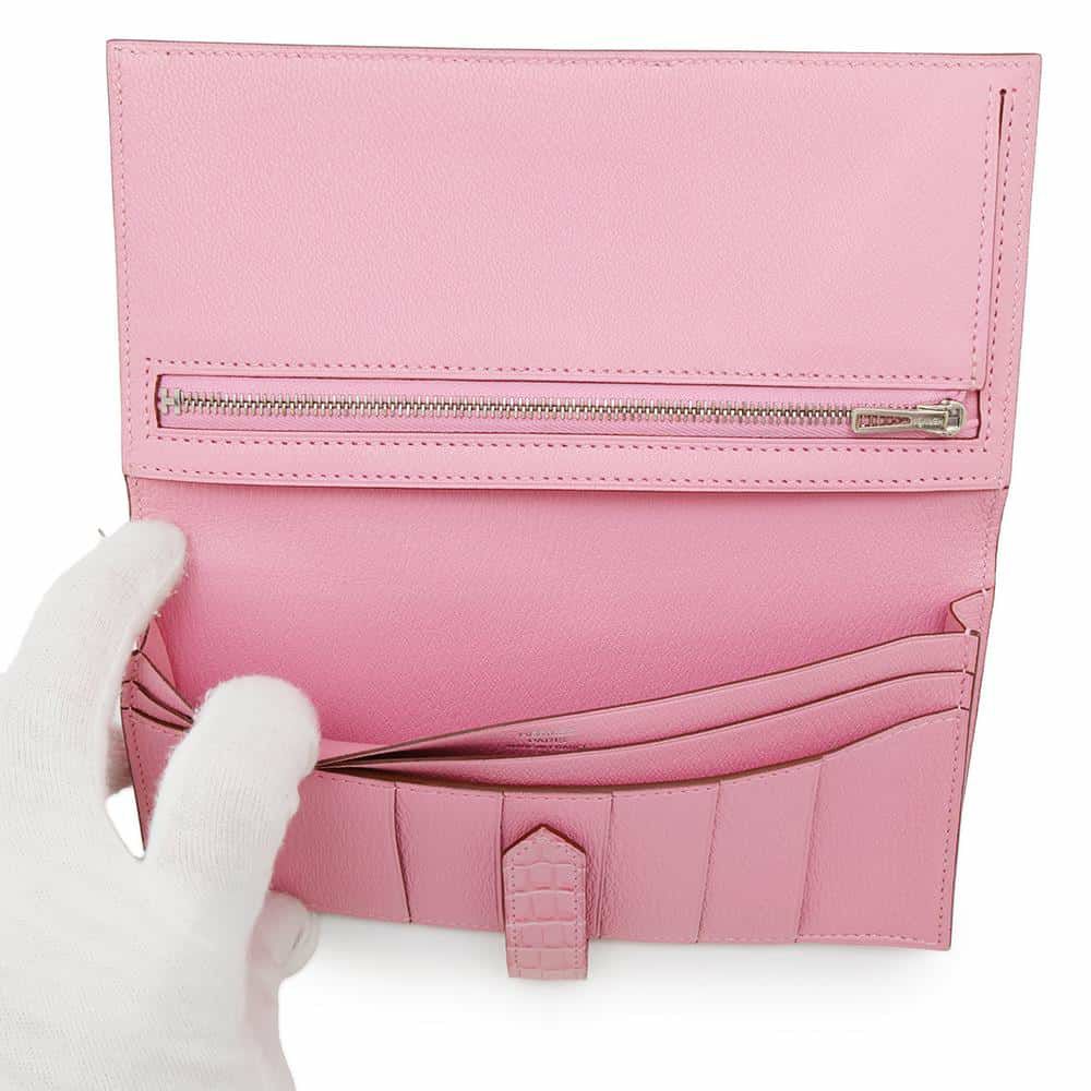 エルメス 長財布 ベアンスフレ ローズバブルガム/シルバー金具 アリゲーターマット D刻印