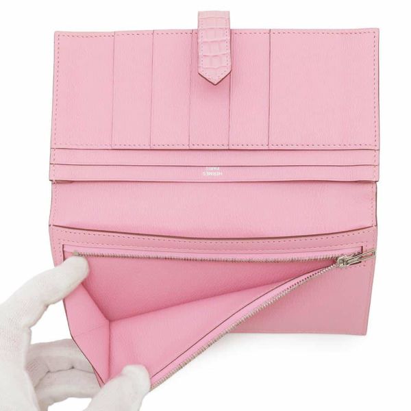 エルメス 長財布 ベアンスフレ ローズバブルガム/シルバー金具 アリゲーターマット D刻印