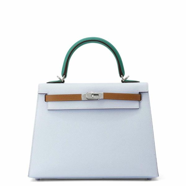 エルメス ケリー25 外縫い トリコロール ブルーブリュム/ゴールド/ヴェールジェイド/シルバー金具 エプソン U刻印